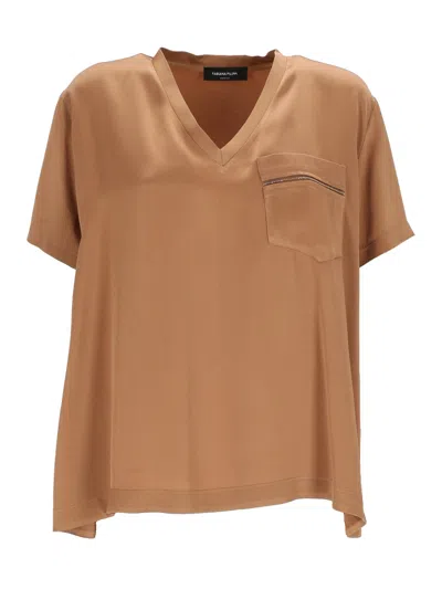 Fabiana Filippi Brown Enver Satin V-neck Blouse In Multi