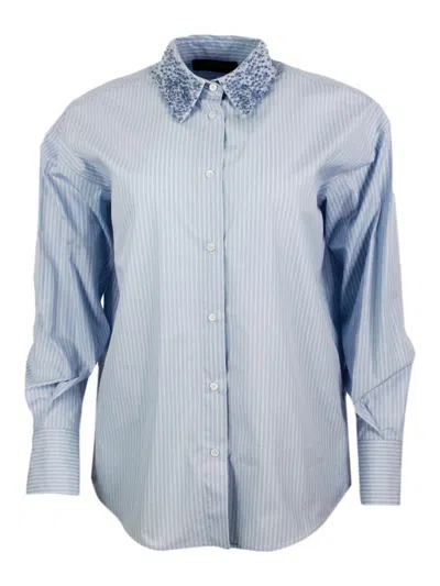 Fabiana Filippi Long Striped Poplin Shirt In Blue