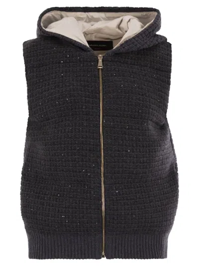 FABIANA FILIPPI SHORT HOODED VEST WITH TEXTURED KNIT AND ZIPPER CLOSURE