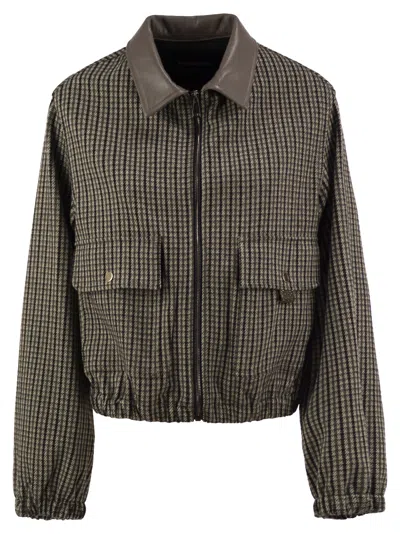 Fabiana Filippi Short Houndstooth Bomber Jacket With Genuine Leather Collar In Green
