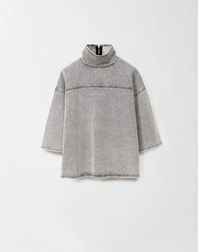 Fabiana Filippi Short Sleeve Gray Denim Top With Strass In Grey