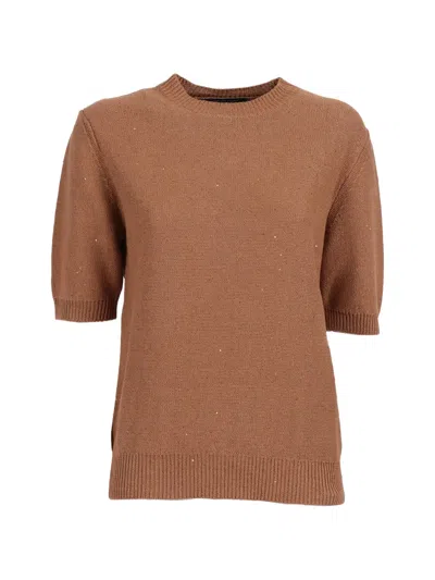 Fabiana Filippi Sequin Short Sleeve Crew Neck Sweater In Brown