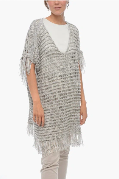 Fabiana Filippi Short-sleeved Flax Blend Crochet Sweater With Fringes In Grey