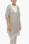 Fabiana Filippi Short-sleeved Flax Blend Crochet Sweater With Fringes In Grey