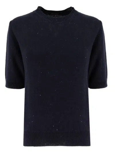 Fabiana Filippi Short-sleeved Knit Top With Textured Finish And Ribbed Details In Black