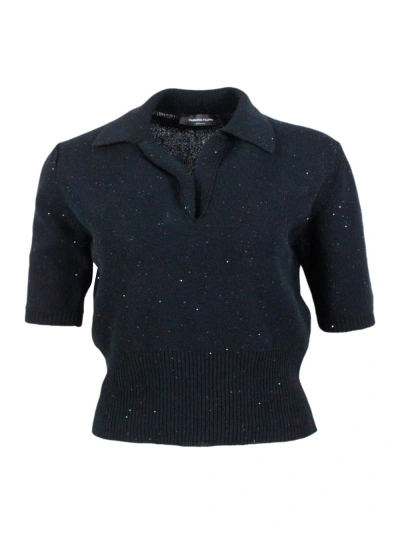 Fabiana Filippi Short-sleeved Polo Shirt In Cotton And Linen, Embellished With Brilliant Applied Micro-sequins In Black
