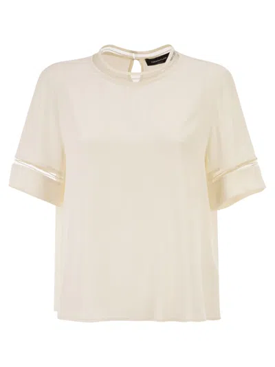 Fabiana Filippi Short-sleeved Silk Satin Blouse With Transparent Inserts In Neutral