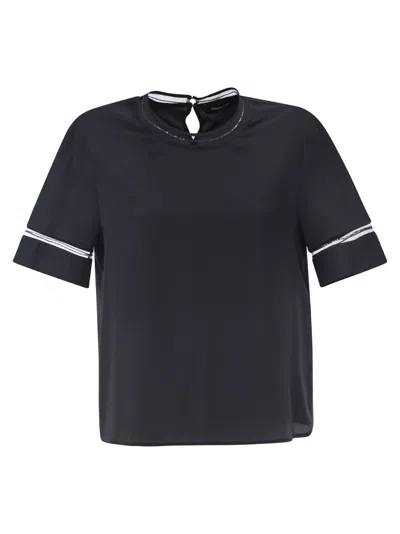 Fabiana Filippi Short-sleeved Silk Satin Blouse With Transparent Inserts In Black