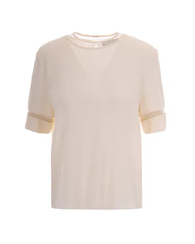 Fabiana Filippi Short-sleeved Blouse In Washed Crepe De Chine With Tulle Trims In Neutral