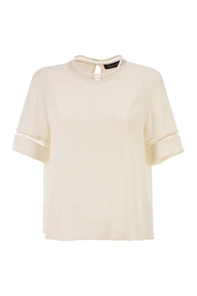 Fabiana Filippi Short-sleeved Silk Satin Blouse With Transparent Inserts In Neutral