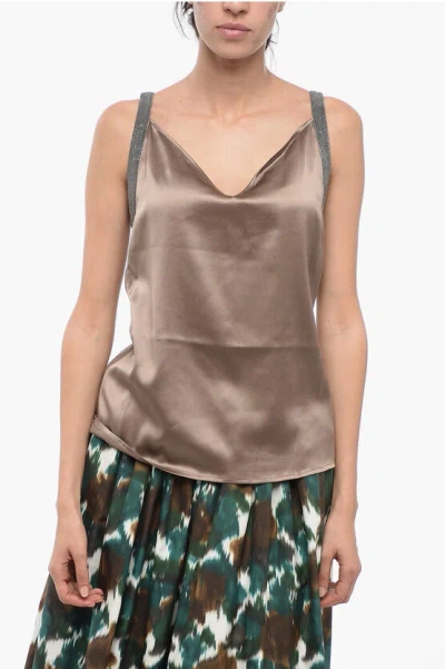 Fabiana Filippi Silk Lingerie Top With Shimmer Detail In Brown