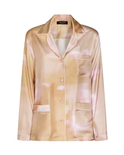 Fabiana Filippi Silk Twill Shirt With Abstract Floral Print And Pink Piping In Brown