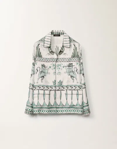 Fabiana Filippi Silk Twill Shirt With Painted Print In White/turquoise/aquagreen