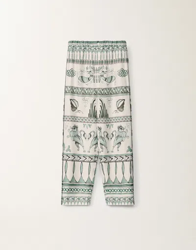 Fabiana Filippi Silk Twill Trousers With A Painted Print In White/turquoise/aquagreen