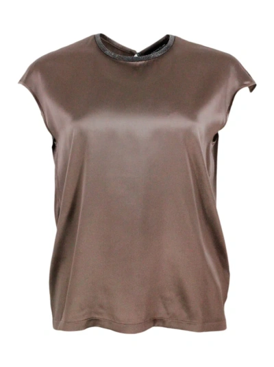 Fabiana Filippi Sleeveless Crew-neck Stretch Silk Top Embellished With Rows Of Sparkling Monili On The Neck In Brown