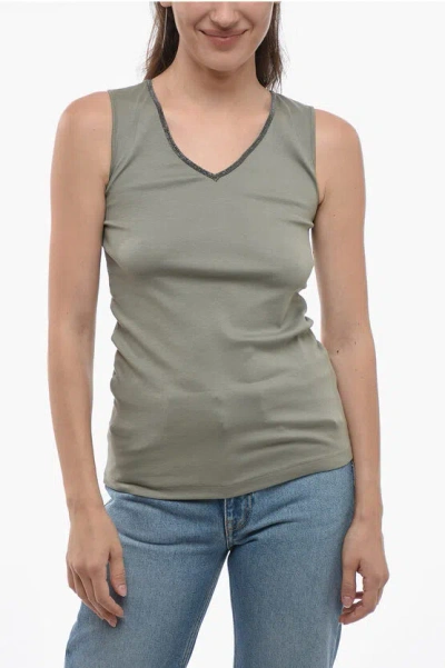 Fabiana Filippi Stretch Cotton Tank Top With Jeweled Edges In Green