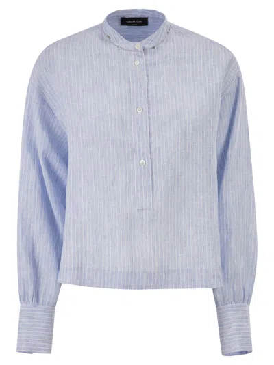 Fabiana Filippi Striped Linen Shirt With Rhinestone Details In Blue