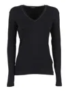 Fabiana Filippi Ribbed Cotton V Neck Long Sleeve T-shirt With Tulle Trim In Black