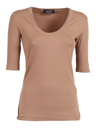 Fabiana Filippi T Shirt In Jersey Costina Manica Al Gomito Con Scollo U Color Vimini In Neutral