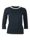 Fabiana Filippi Three-quarter Sleeve Embellished Neckline Top In Blue