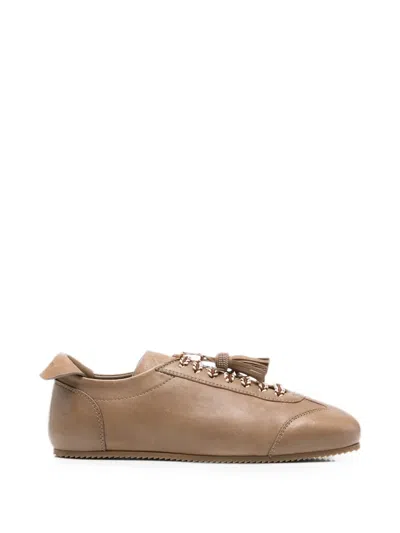 Fabiana Filippi Lace Up Low Sneakers Flat Sole Tassels In Brown