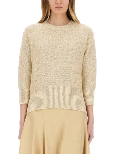 Fabiana Filippi Three-quarter Sleeve Cotton Jersey Top With Ribbed Hem In Neutrals