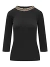 Fabiana Filippi Three-quarter Sleeve Embellished Neckline Top In Black