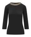 Fabiana Filippi Three-quarter Sleeve Embellished Neckline Top In Black