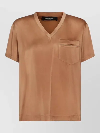 Fabiana Filippi Top Short Sleeves Chest Pocket V Neckline In Brown