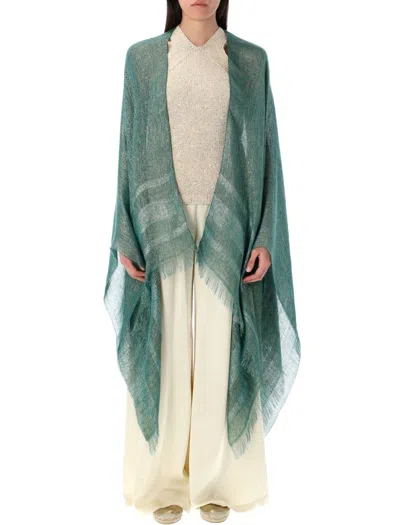 Fabiana Filippi Turquoise Cape With Lurex Detail And Fringed Edges In Green