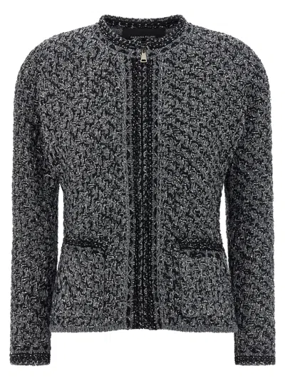 Fabiana Filippi Micro Sequin Denim Effect Tweed Jacket With Flared Waist In Gray