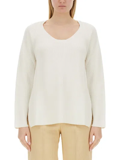 Fabiana Filippi V-neck Sweater With Ribbed Texture And Side Slits In White
