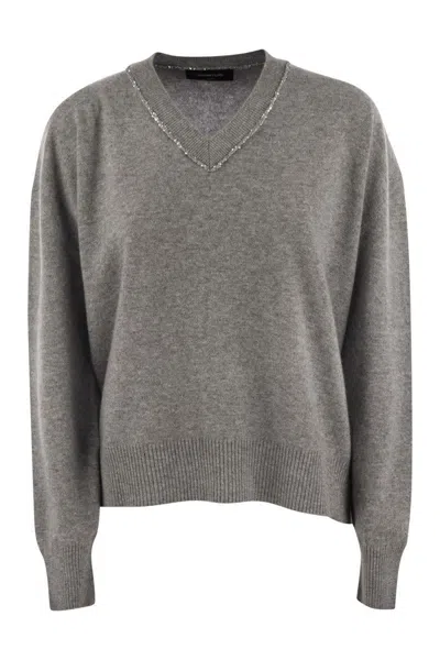 Fabiana Filippi V Neck Sweater With Sequin Trim Detail In Grey
