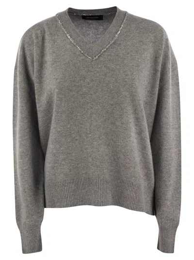 Fabiana Filippi V Neck Sweater With Sequin Trim Detail In Grey