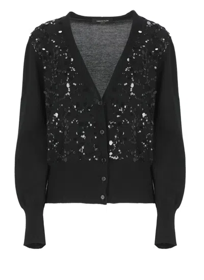 Fabiana Filippi V-neck Wool Blend Cardigan With Front Sequins Detail In Black