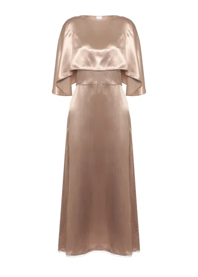 Fabiana Filippi V-neck Satin Midi Dress With Matching Cape And Light Point Details In Brown