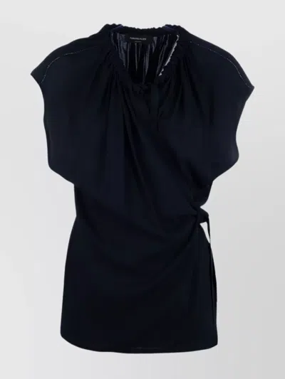 Fabiana Filippi Waist Belted Wrap Top With Cap Sleeves In Midnight Blue