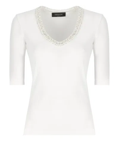 Fabiana Filippi Ribbed Jersey T-shirt With Contrasting Knit Collar In White