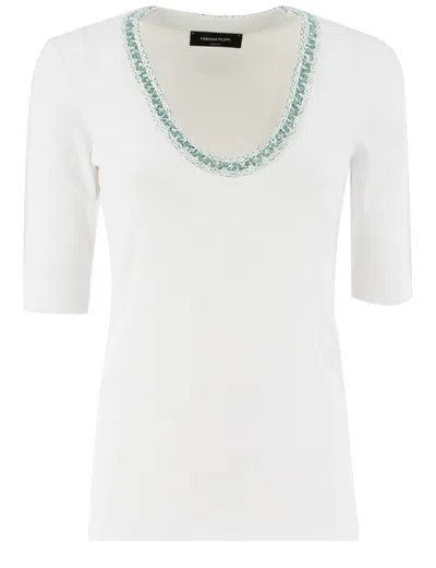 Fabiana Filippi White Cotton T-shirt With Sequined Neckline