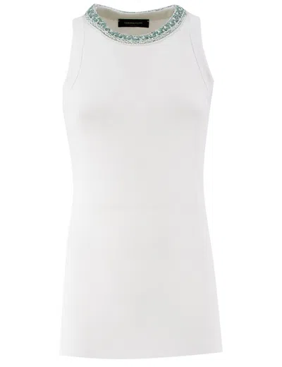 Fabiana Filippi Embroidered Neckline Knit Top In Bianco Ottico/verde Acqua