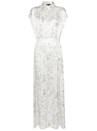 Fabiana Filippi Long Flower Pattern Dress With Belt In White