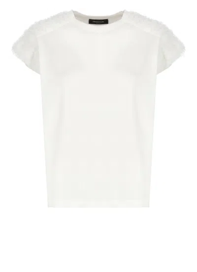 FABIANA FILIPPI WHITE T-SHIRT WITH TULLE DETAILS
