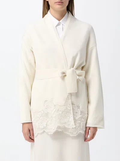 Fabiana Filippi Wool And Silk Robe Cardigan With Lace Inserts In White