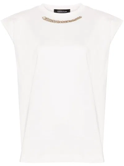 Fabiana Filippi Embellished Cap Sleeve T-shirt With Elegant Neckline Detail In White