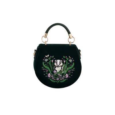 Fable England Badger Embroidered Green Top Handle Saddle Bag