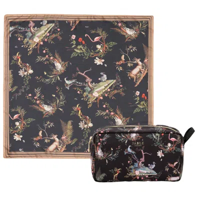 Fable England Black / Neutrals Wonderland Wash Bag & Wonderland Toile Square Scarf Set