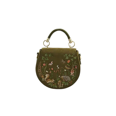 Fable England Charlotte Meadow Scene Embroidered Faux Suede Saddle Purse In Khaki