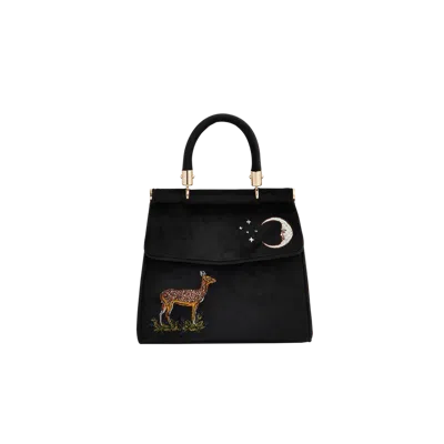 Fable England Deer & Moon Embroidered Black Velvet Tote