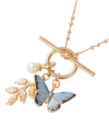 Fable England Enamel Blue Butterfly & Leaf Charm Necklace In Gold