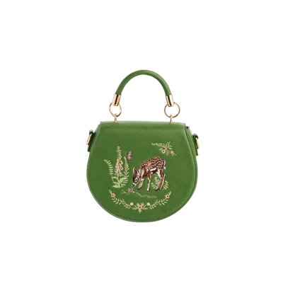Fable England Fawn & Snail Embroidered Top Handle Saddle Purse In Green